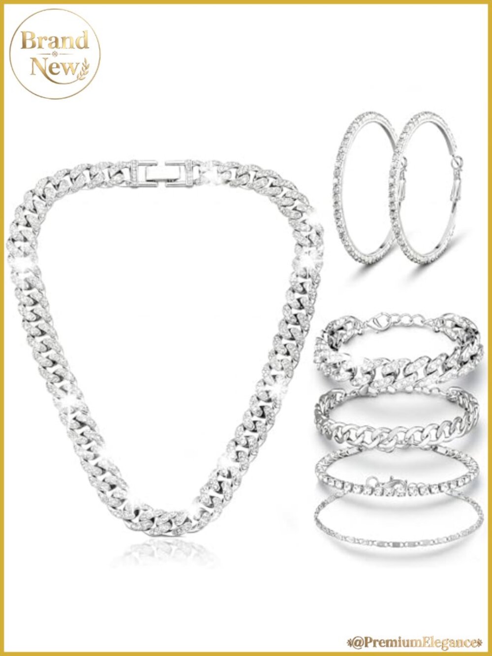 Crystal Jewelry Set Cuban Chain Necklace Bracelets Hoop Earrings for Women